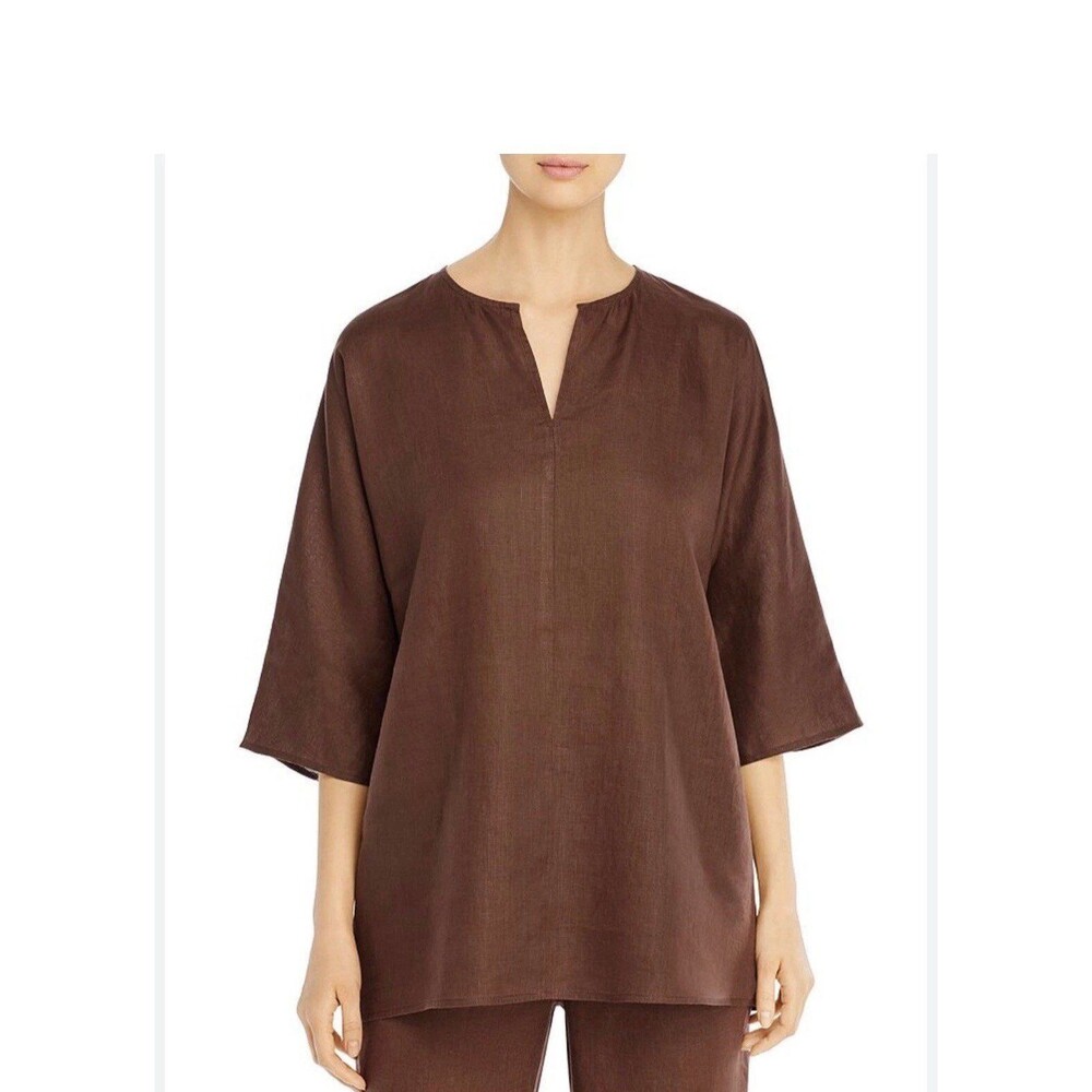 Eileen Fisher Organic Hankerchief Linen Split Neck Tunic Sz. Large Cocoa
